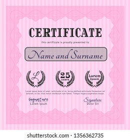 Pink Sample certificate or diploma. Superior design. Detailed. Complex background. 