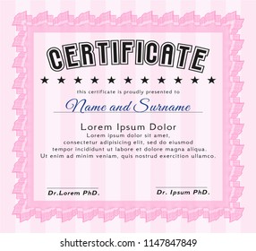 Pink Sample certificate or diploma. Vector illustration. Printer friendly. Beauty design. 