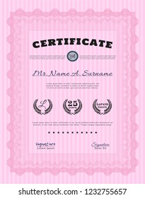 Pink Sample certificate or diploma. Vector illustration. Printer friendly. Nice design. 