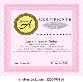 Pink Sample certificate or diploma. Vector illustration. Printer friendly. Elegant design. 