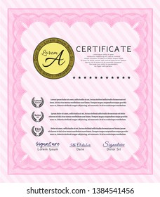 Pink Sample certificate or diploma. Vector illustration. Easy to print. Money Pattern design. 