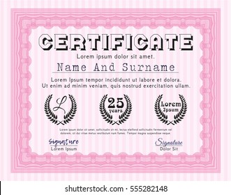 Pink Sample certificate or diploma. Vector illustration. With background. Excellent design. 