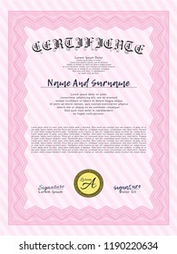 Pink Sample Certificate. Easy to print. Money style design. Vector illustration. 