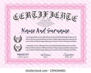 Pink Sample Certificate. Easy to print. Customizable, Easy to edit and change colors. Money style design. 
