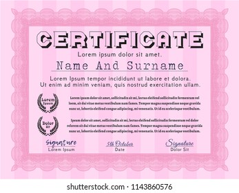 Pink Sample Certificate. Elegant design. Detailed. With complex linear background. 