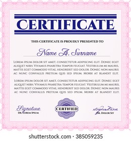 Pink Sample Certificate. Frame certificate template Vector. Modern design. With linear background. 