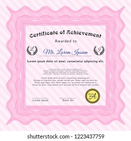 Pink Sample Certificate. With great quality guilloche pattern. Good design. Detailed. 