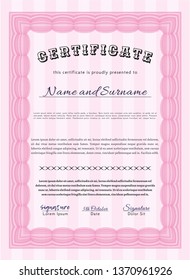 Pink Sample Certificate. With great quality guilloche pattern. Good design. Vector illustration. 