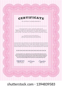 Pink Sample Certificate. With great quality guilloche pattern. Detailed. Money style design. 