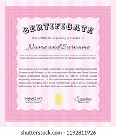 Pink Sample Certificate. With guilloche pattern. Detailed. Money design. 