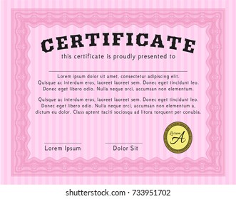 Pink Sample Certificate. With guilloche pattern and background. Detailed. Lovely design. 