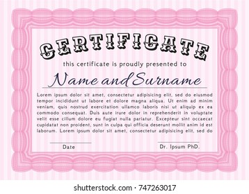 Pink Sample Certificate. With guilloche pattern. Customizable, Easy to edit and change colors. Money style design. 