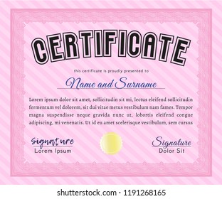 Pink Sample Certificate. With linear background. Money style design. Detailed. 