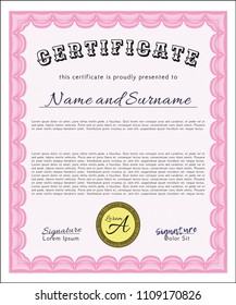 Pink Sample Certificate. Modern design. With great quality guilloche pattern. Detailed. 