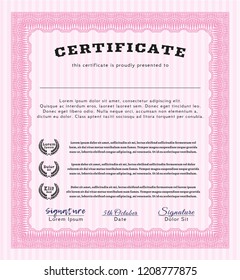 Pink Sample Certificate. Modern design. Vector illustration. With complex background. 