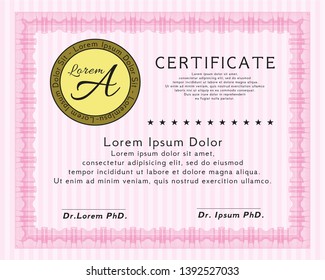 Pink Sample Certificate. Modern design. Easy to print. Vector illustration. 