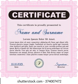 Certificado de ejemplo rosado. Diseño moderno. Vector de plantilla de certificado de marco. Con fondo lineal. 