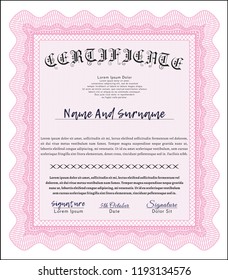 Pink Sample Certificate. Money design. Customizable, Easy to edit and change colors. With guilloche pattern and background. 