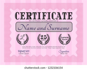 Pink Sample Certificate. Money design. Vector illustration. With guilloche pattern. 