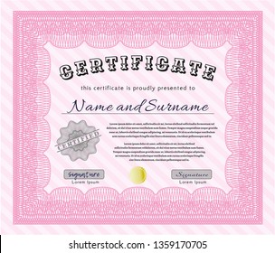 Pink Sample Certificate. Money design. Vector illustration. With complex linear background. 