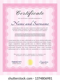 Pink Sample Certificate. Money design. Complex background. Customizable, Easy to edit and change colors. 