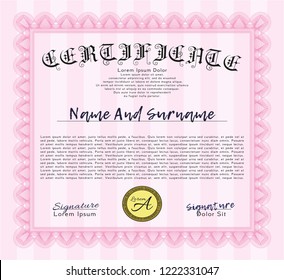 Pink Sample Certificate. Money Pattern. With complex linear background. Vector illustration. 
