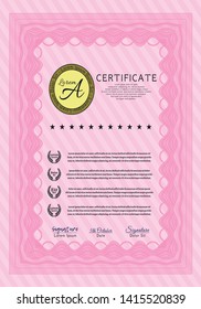Pink Sample Certificate. Money Pattern. Printer friendly. Detailed. 