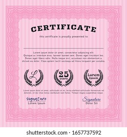 Pink Sample Certificate. Money Pattern design. Detailed. With linear background. 