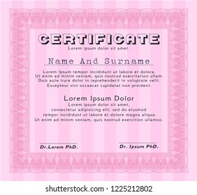 Pink Sample Certificate. Nice design. Vector illustration. With great quality guilloche pattern. 
