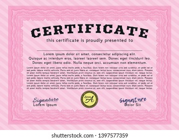 Pink Sample Certificate. Nice design. With great quality guilloche pattern. Detailed. 