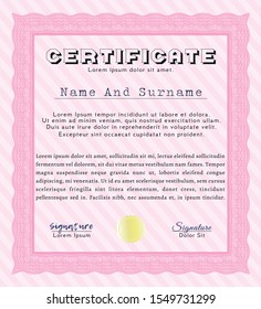Pink Sample Certificate. Nice design. With great quality guilloche pattern. Customizable, Easy to edit and change colors. 