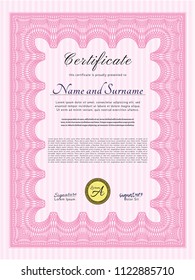 Pink Sample Certificate. Retro design. With linear background. Vector illustration. 