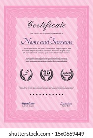 Pink Sample Certificate. Retro design. With complex background. Detailed. 