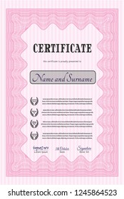 Pink Sample Certificate. Sophisticated design. With guilloche pattern and background. Customizable, Easy to edit and change colors. 
