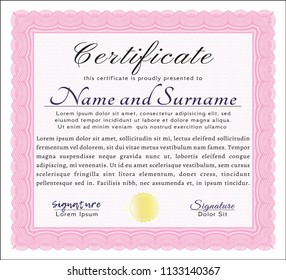 Pink Sample Certificate. Superior design. Detailed. Printer friendly. 