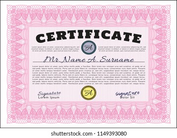 Pink Sample Certificate. Vector illustration. With guilloche pattern and background. Money design. 