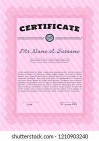 Pink Sample Certificate. Vector illustration. Complex background. Sophisticated design. 