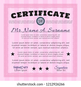 Pink Sample Certificate. Vector illustration. With quality background. Money design. 