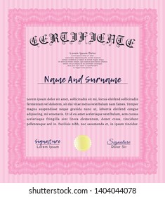 Pink Sample Certificate. Vector illustration. With complex background. Money Pattern design. 