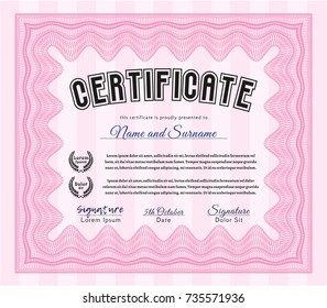 Pink Sample Certificate. Vector illustration. With complex linear background. Excellent design. 