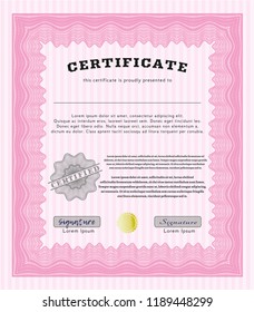 Pink Sample Diploma. Artistry design. Vector illustration. With great quality guilloche pattern. 