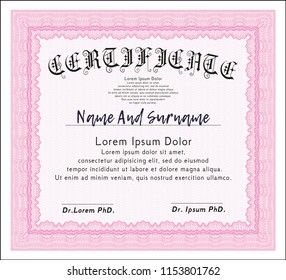 Pink Sample Diploma. With background. Customizable, Easy to edit and change colors. Money design. 