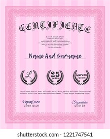 Pink Sample Diploma. With background. Detailed. Modern design. 
