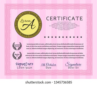 Pink Sample Diploma. With background. Detailed. Elegant design. 