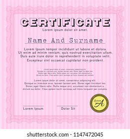 Pink Sample Diploma. With background. Money Pattern design. Vector illustration. 