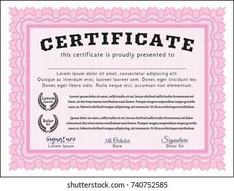 Pink Sample Diploma. Complex background. Vector illustration. Retro design. 