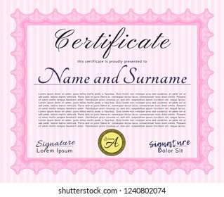 Pink Sample Diploma. With complex linear background. Superior design. Vector illustration. 