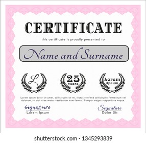 Pink Sample Diploma. With complex linear background. Perfect design. Detailed. 