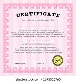 Pink Sample Diploma. With complex linear background. Detailed. Good design. 