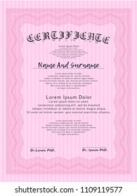  Pink Sample Diploma. Cordial design. With guilloche pattern. Vector illustration. 